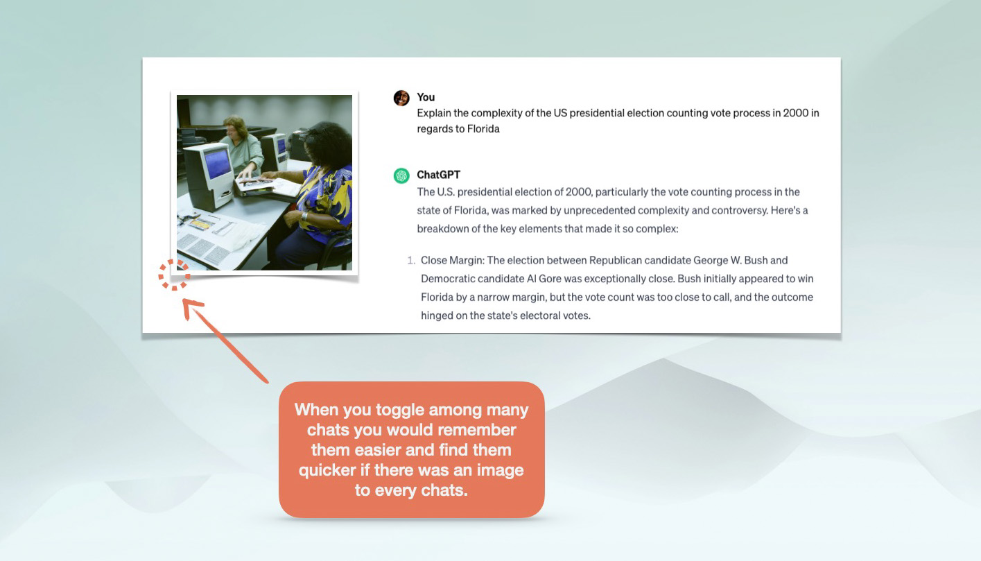 When you toggle among many chats you would remember them easier and find them quicker if there was an image to every chats-