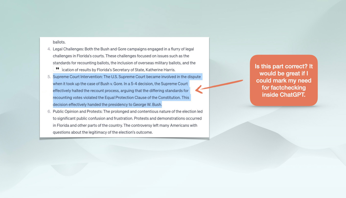 Is this part correct? It would be great if I could mark my need for factchecking inside ChatGPT.